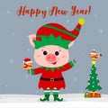 Happy New Year and Merry Christmas greeting card. Cute little pig in an elf costume holding a little bird. Christmas Royalty Free Stock Photo