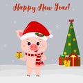 Happy New Year and Merry Christmas Greeting Card. Cute little pig in a santa hat and scarf holding a gift. Christmas tree, gifts a Royalty Free Stock Photo