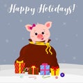 Happy New Year and Merry Christmas greeting card. Cute pig with a bow is looking out of Santa s bag. Boxes with Royalty Free Stock Photo