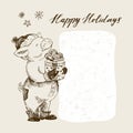 Happy New Year and Merry Christmas Greeting Card. Cute pig in hat holding a gift. It is on the box with a gift. The Royalty Free Stock Photo