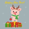 Happy New Year and Merry Christmas greeting card. Cute pig in the horn of a deer and a scarf holding a ball. It is on the box with