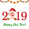 Happy New Year and Merry Christmas Greeting Card. Cute pig in santa claus hat and scarf holding lollipop. The symbol of Royalty Free Stock Photo