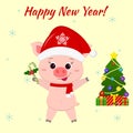 Happy New Year and Merry Christmas greeting card. Cute pig in santa claus hat and scarf holding lollipop. Christmas tree Royalty Free Stock Photo
