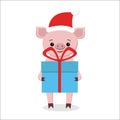 Happy New Year and Merry Christmas Greeting Card. Cute pig in santa hat holding a gift. It is on the box with a gift Royalty Free Stock Photo