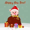 Happy New Year and Merry Christmas Greeting Card. Cute pig in Santa hat looks out of Santa s bag. Boxes with Christmas Royalty Free Stock Photo