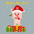 Happy New Year and Merry Christmas greeting card. Cute pig in a Santa hat and scarf holding a lollipop. It is on the box with a gi Royalty Free Stock Photo