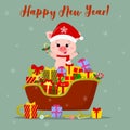 Happy New Year and Merry Christmas greeting card. A cute pig in a Santa hat is standing on a Santa s sleigh. Many Royalty Free Stock Photo