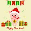 Happy New Year and Merry Christmas greeting card. A cute pig in Santa s hat and scarf is holding a box with a gift Royalty Free Stock Photo