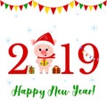 Happy New Year and Merry Christmas greeting card. A cute pig in Santa s hat and scarf is holding a box with a gift Royalty Free Stock Photo