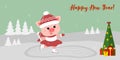 Happy New Year and Merry Christmas Greeting Card. Cute pig in a suit skates on the rink. Christmas tree and boxes with Royalty Free Stock Photo