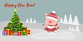 Happy New Year and Merry Christmas Greeting Card. Cute pig in a suit skates on the rink. Christmas tree and boxes with Royalty Free Stock Photo