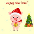 Happy New Year and Merry Christmas Greeting Card. A cute pig wearing a Santa Claus hat and scarf is holding a box with a Royalty Free Stock Photo