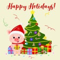 Happy New Year and Merry Christmas Greeting Card. A cute pig wearing a Santa Claus hat and scarf is standing next to a tree and ho Royalty Free Stock Photo