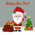 Happy New Year and Merry Christmas greeting card. Cute Santa Claus in glasses is holding a red bag with gifts, a Christmas tree an Royalty Free Stock Photo