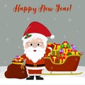 Happy New Year and Merry Christmas Greeting Card. Cute Santa Claus with glasses holds a red bag with a gift. Sledge with gifts in