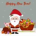 Happy New Year and Merry Christmas greeting card. Cute Santa Claus with glasses holds a red bag with a cute pig and a gift. Sledge