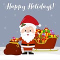 Happy New Year and Merry Christmas Greeting Card. Cute Santa Claus holds a red bag with a gift. Sledge with gifts in the winter on