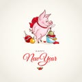 Happy New Year and Merry Christmas greeting card. Christmas decorations. Vector pig with a bow. Funny Christmas piglet. Royalty Free Stock Photo