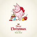 Happy New Year and Merry Christmas greeting card. Christmas decorations. Vector pig with a bow. Funny Christmas piglet. Royalty Free Stock Photo