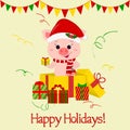 Happy New Year and Merry Christmas Greeting Card. A merry pig wearing a Santa Claus hat and scarf is standing in a gift box and ho Royalty Free Stock Photo