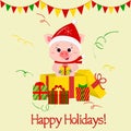 Happy New Year and Merry Christmas Greeting Card. A merry pig wearing a Santa Claus hat and scarf is standing in a gift box and ho Royalty Free Stock Photo