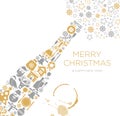 Happy New Year and Merry Christmas greeting card poster design with flat champagne bottle with christmas icon and place Royalty Free Stock Photo