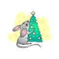 Happy New Year and Merry Christmas greeting card. Rat or mouse with gifts. Funny cartoon characters. Christmas tree Royalty Free Stock Photo