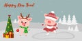 Happy New Year and Merry Christmas Greeting Card. Two cute pigs. One goes to the rink, the other in the horns of a deer Royalty Free Stock Photo