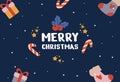 Happy new year and Merry Christmas holiday card. Postcard templates with gifts, socks, Christmas sticks on a dark background