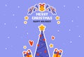 Happy new year and Merry Christmas holiday card. Postcard templates with Christmas tree, gifts, socks, Christmas sticks