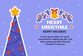 Happy new year and Merry Christmas holiday card with text. Postcard templates with Christmas tree, gifts, socks, Christmas sticks