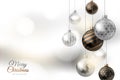 Happy New Year and Merry Christmas. Light background with realistic Xmas balls. Season winter.