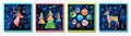 Happy New Year, Merry Christmas, Noel colorful greeting banner. Christmas tree branches decoration ball snowflakes frost