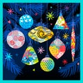 Happy New Year, Merry Christmas, Noel colorful greeting banner. Christmas tree branches decoration ball snowflakes frost