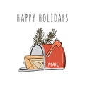 Happy New Year, Merry Christmas postbox with mails and fir branches hand-drawn illustration winter holiday greeting, Santa mail