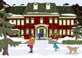 Happy new year and merry Christmas preparation. Winter fun. kids decorating a house. Winter holidays. Vector