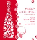 Happy New Year and Merry Christmas Restaurant Menu card poster design with flat champagne bottle with christmas icon and Royalty Free Stock Photo