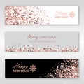 Happy New Year and Merry Christmas Rose Gold Glowing banners set. Vector illustration. All isolated and layered Royalty Free Stock Photo