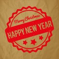 Happy New Year Merry Christmas rubber stamp award vector red on crumpled paper brown background Royalty Free Stock Photo