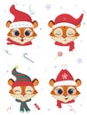 Happy New Year and Merry Christmas. A set of four tiger heads in carnival hats and scarves of Santa Claus, against a