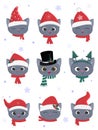 Happy New Year and Merry Christmas. A set of nine heads of cute kittens of the British breed in carnival hats and