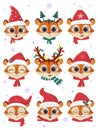 Happy New Year and Merry Christmas. A set of nine tiger heads in carnival hats and scarves of Santa Claus on a