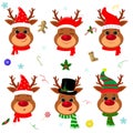 Happy New Year and Merry Christmas. Set of six cute reindeer head with different emotions in different Santa Claus hat Royalty Free Stock Photo