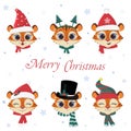 Happy New Year and Merry Christmas. A set of six heads of cute Tiger in carnival hats and scarves of Santa Claus, as