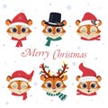 Happy New Year and Merry Christmas. A set of six heads of cute Tiger in carnival hats and scarves of Santa Claus, as