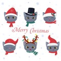 Happy New Year and Merry Christmas. A set of six heads of kittens of the British breed in carnival hats and scarves of Royalty Free Stock Photo