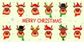 Happy New Year and Merry Christmas. Set of twelve cute deer heads with different emotions in different Santa Claus hat