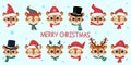 Happy New Year and Merry Christmas. A set of twelve heads of cute tiger in Santa carnival hats and scarves and other
