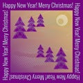 Happy New Year! Merry Christmas! Square template with winter forest landscape in center. Bright neon colors, spruce in snow, moon