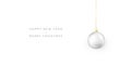 Happy New Year and Merry Christmas. White Christmas ball hanging on gold string. Holiday xmas template for greeting card and party